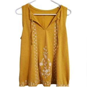 dip mustard embroidered raw sheer edged boho style tank. XS